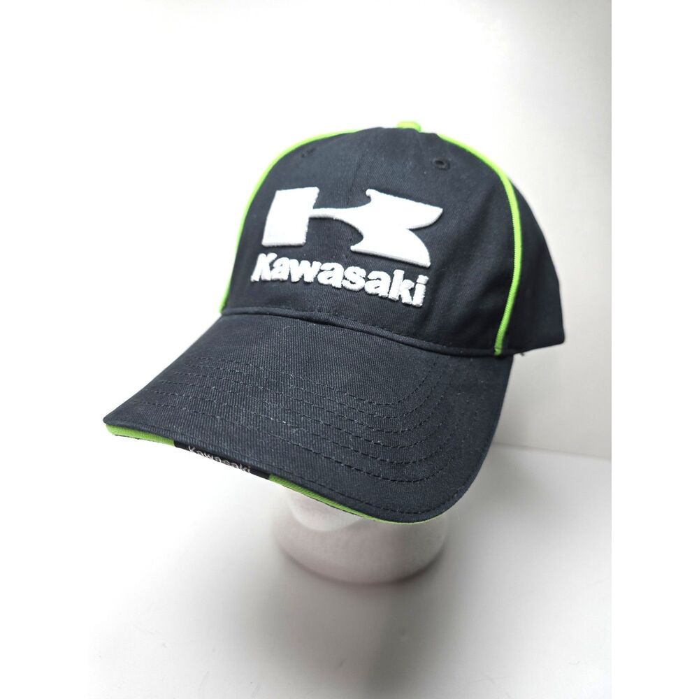 Kawasaki Hat Cap Embroidered Racing Logo Black Adjustable Team Green Motorcycle